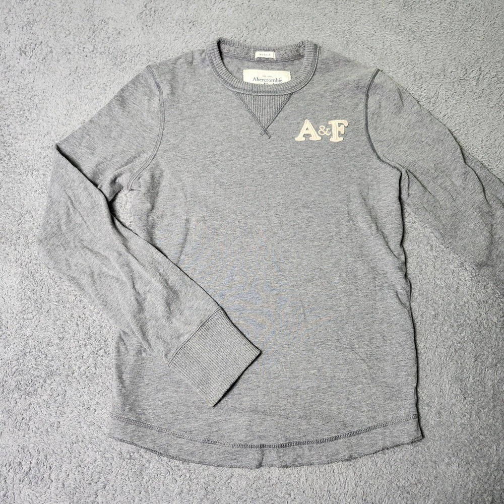 Abercrombie & Fitch Mens S Long Sleeve Top Gray Muscle Fit Logo Applique VTG Y2K